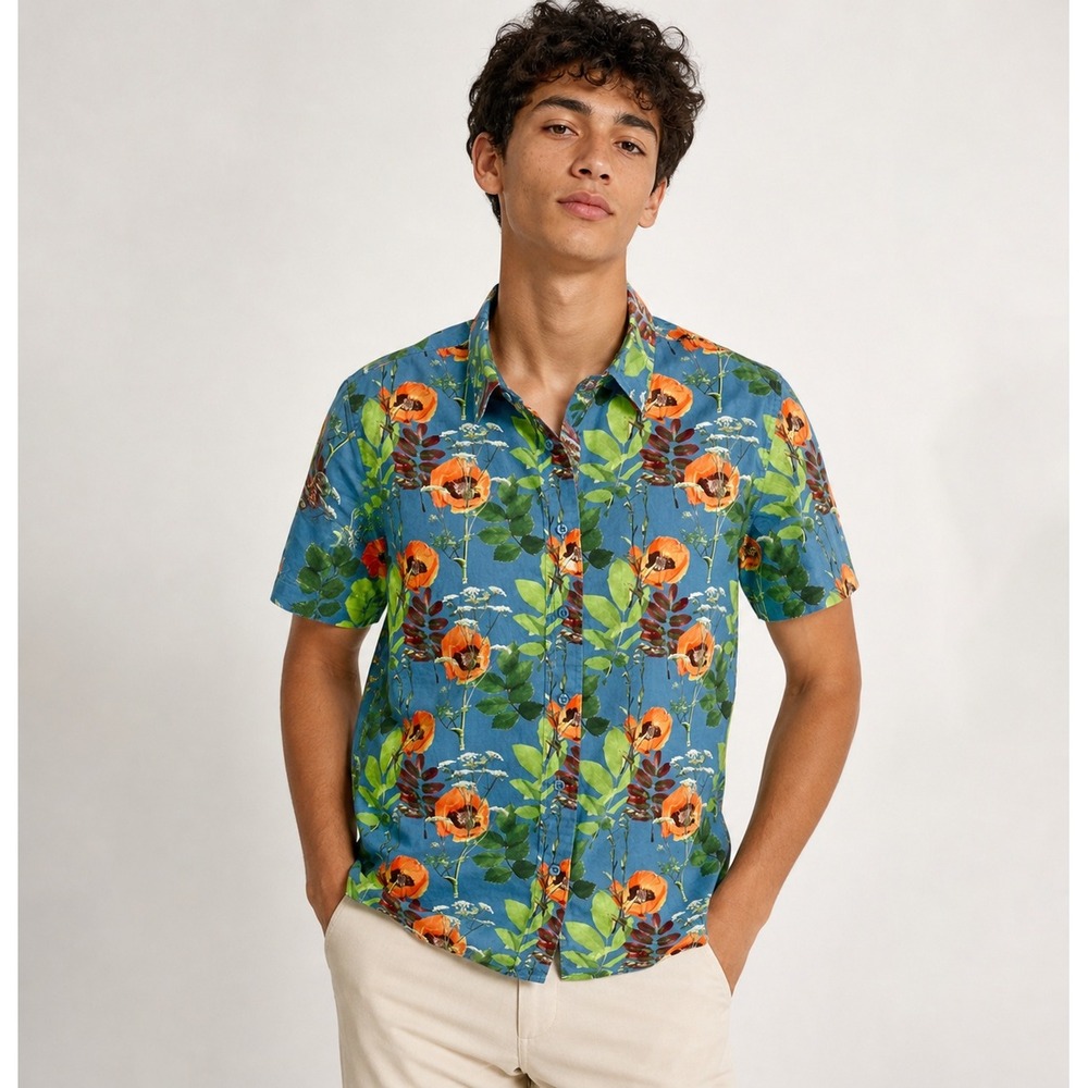 Wildfang The Essential Blue Orange Poppy Floral Short Sleeve Button Up Shirt M